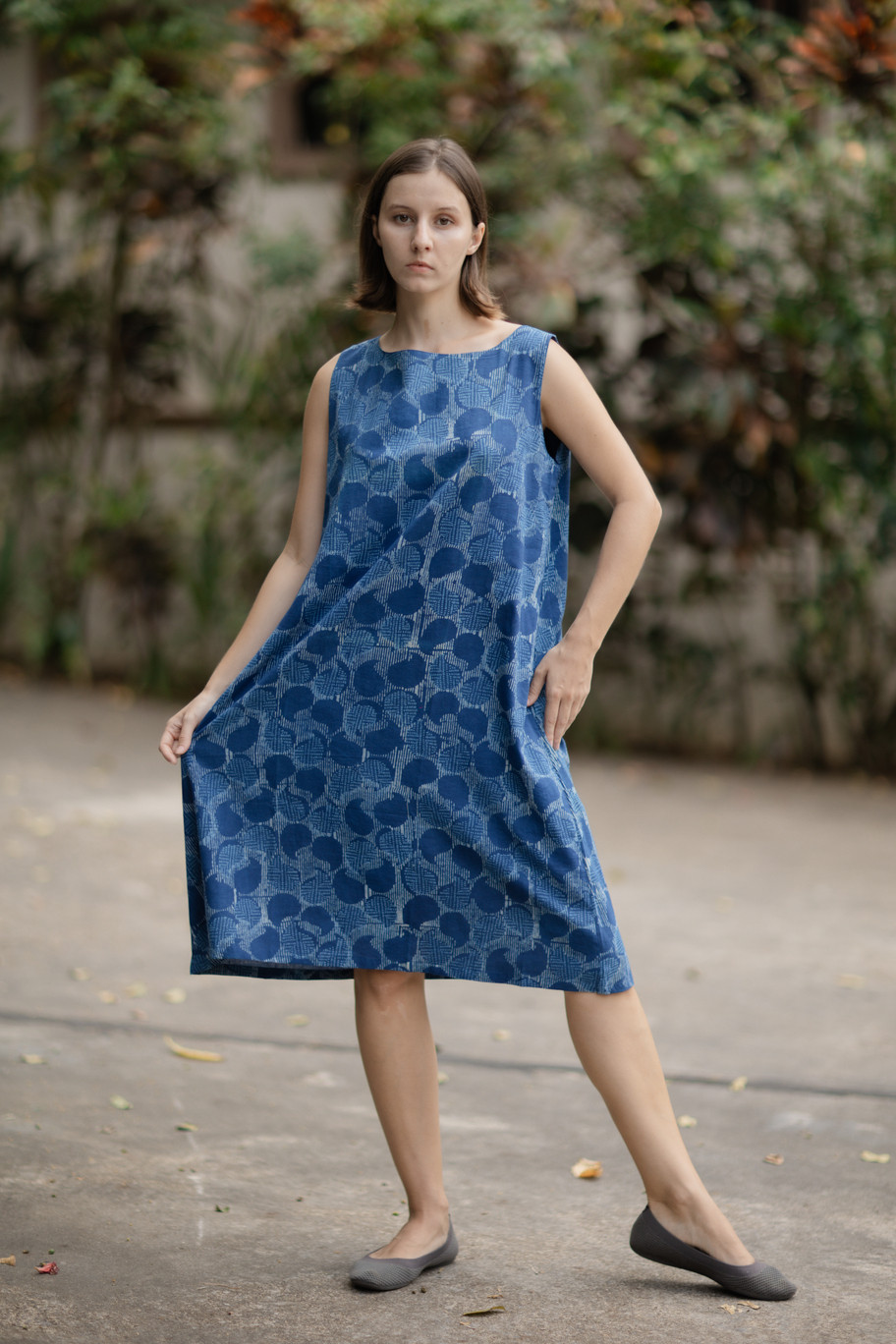 Aラインワンピース（インド綿草木染バグループリント）