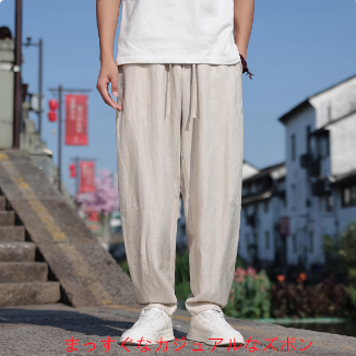 テニスリネンパンツメンズサマーシン通気性コットンリネンパンツ大サイズルーズストレートパンツハイエンドカジュアルパンツ