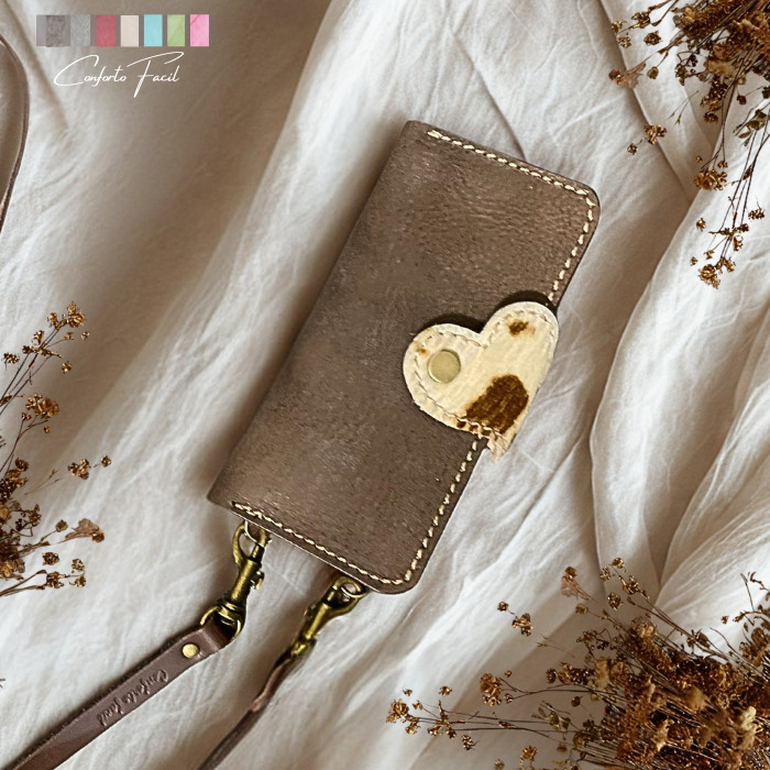 ◆人気◆7色◆イタリア／イタリアンレザー縦吊り下げハラコハートの本革手帳型スマホショルダー[多機種対応]