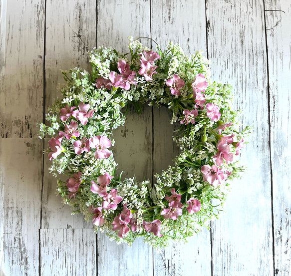 ピンク小花のナチュラルリース(アーティフィシャル　27cm) 1枚目の画像