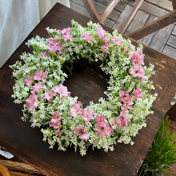 ピンク小花のナチュラルリース(アーティフィシャル　27cm) 2枚目の画像