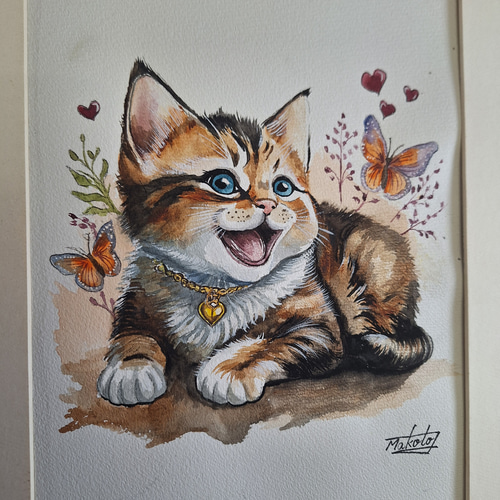 水彩画 チョウと戯れるお茶目ネコ 絵画 makochin 通販 19283215