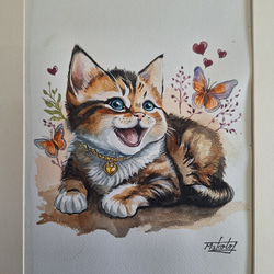 原画#3909 黒猫　花　蝶　カンヌ　フランス　水彩画　ドローイング　インテリア 原画#3909 黒猫 花 蝶 カンヌ フランス 水彩画 ドローイング