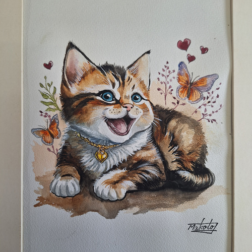 水彩画 チョウと戯れるお茶目ネコ 絵画 makochin 通販 19283215