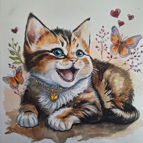 原画#3909 黒猫　花　蝶　カンヌ　フランス　水彩画　ドローイング　インテリア 原画#3909 黒猫 花 蝶 カンヌ フランス 水彩画 ドローイング