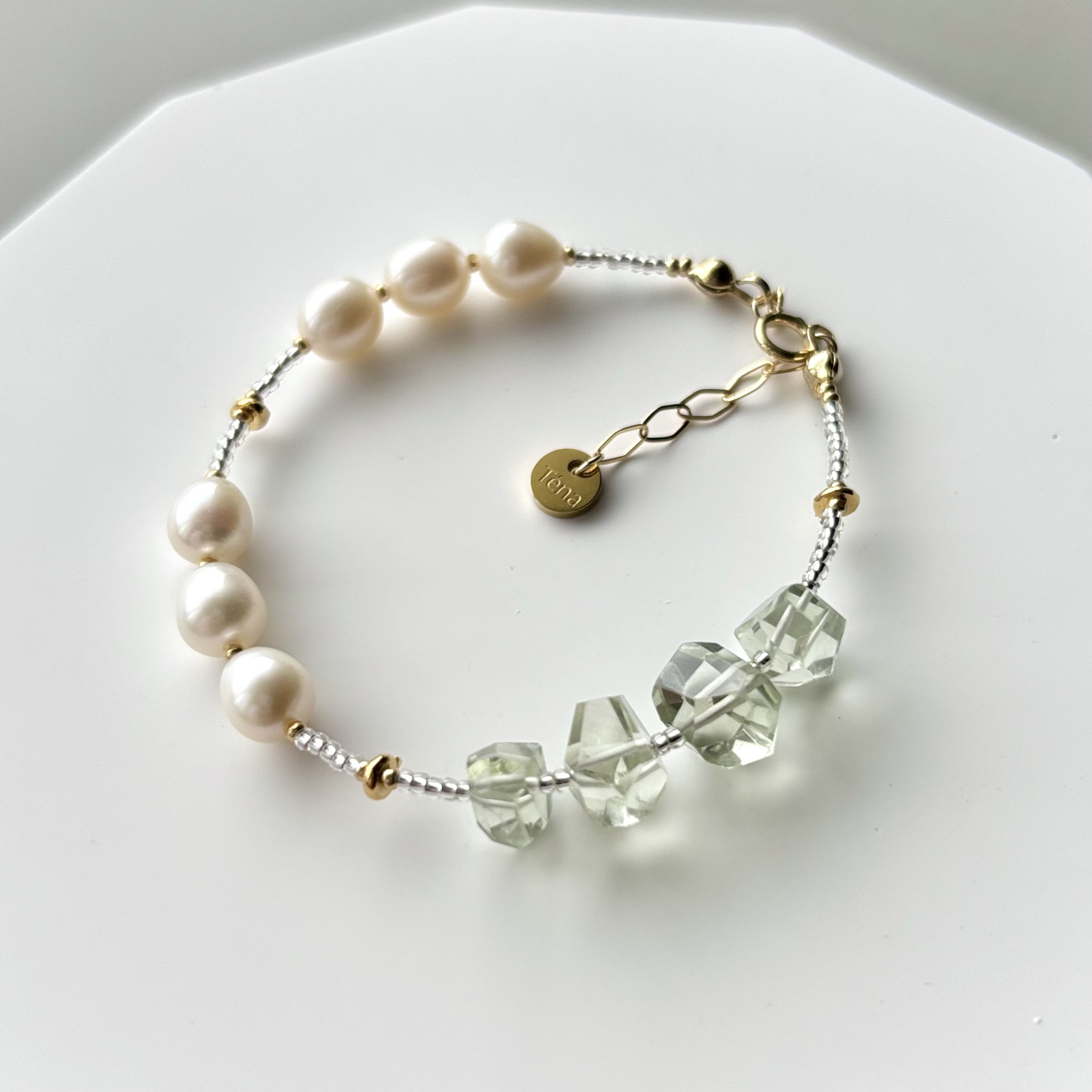 グリーンアメジスト・淡水パール・カレンシルバーのブレスレット　14kgf