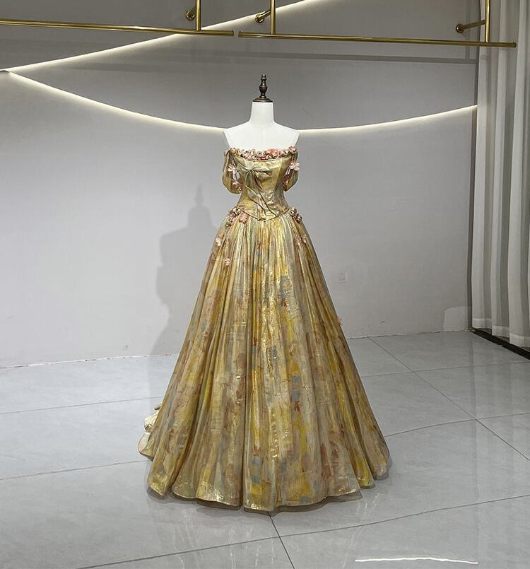 上品　蝶々リボン　フラワー　金色　演奏会音楽会コンテスト　本命ドレス制作　細見えシルエット　衣装ステージ　オフショルダー