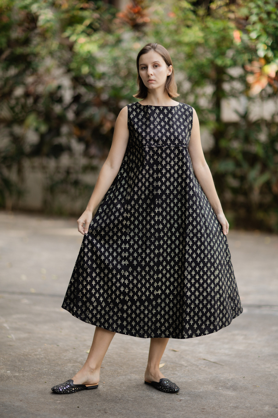 ハンドブロックプリントAラインワンピース/マキシ丈