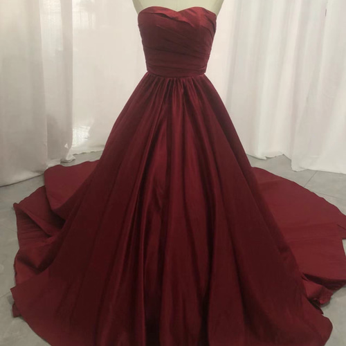 カラードレス ボルドー色 ベアトップ 光沢サテン ロングトレーン