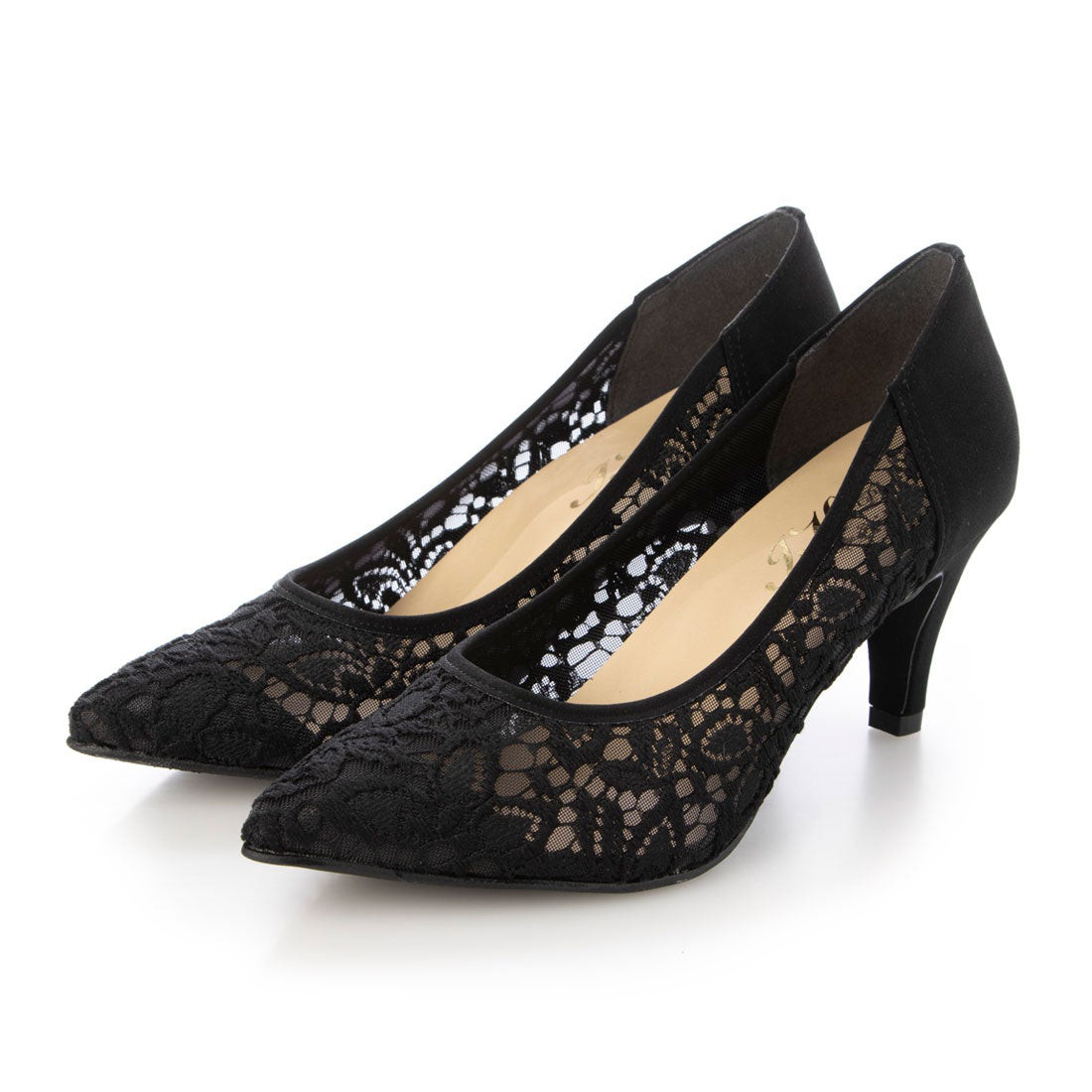 【日本製】チュール&レース 美脚パンプス#328■ブラック コットンレース&チュール■