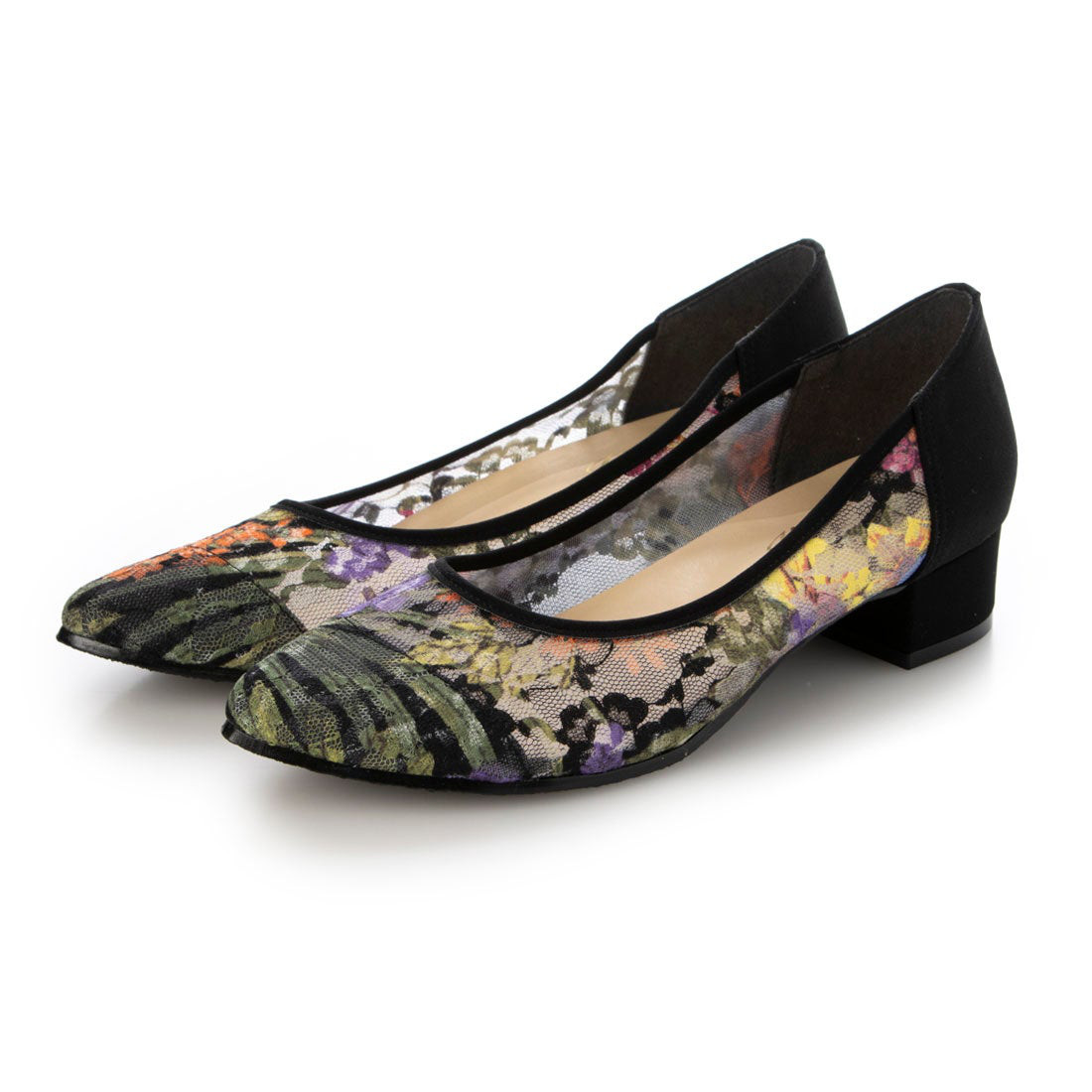 【日本製】チュール&レース 美脚パンプス ＃485■マルチレース ネイビー オークグレー■