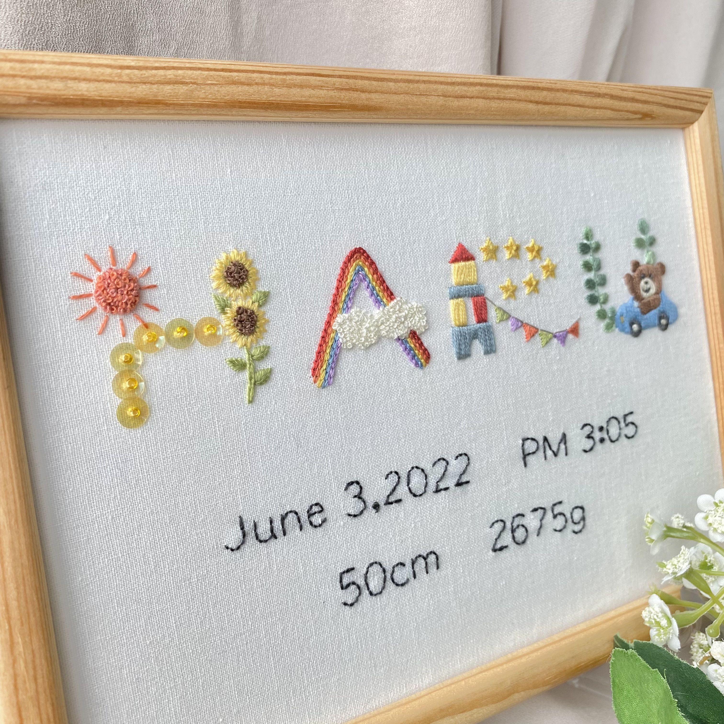 命名書　刺繍　A5サイズ　受注製作　ネームボード　ベビーボード　バースボード