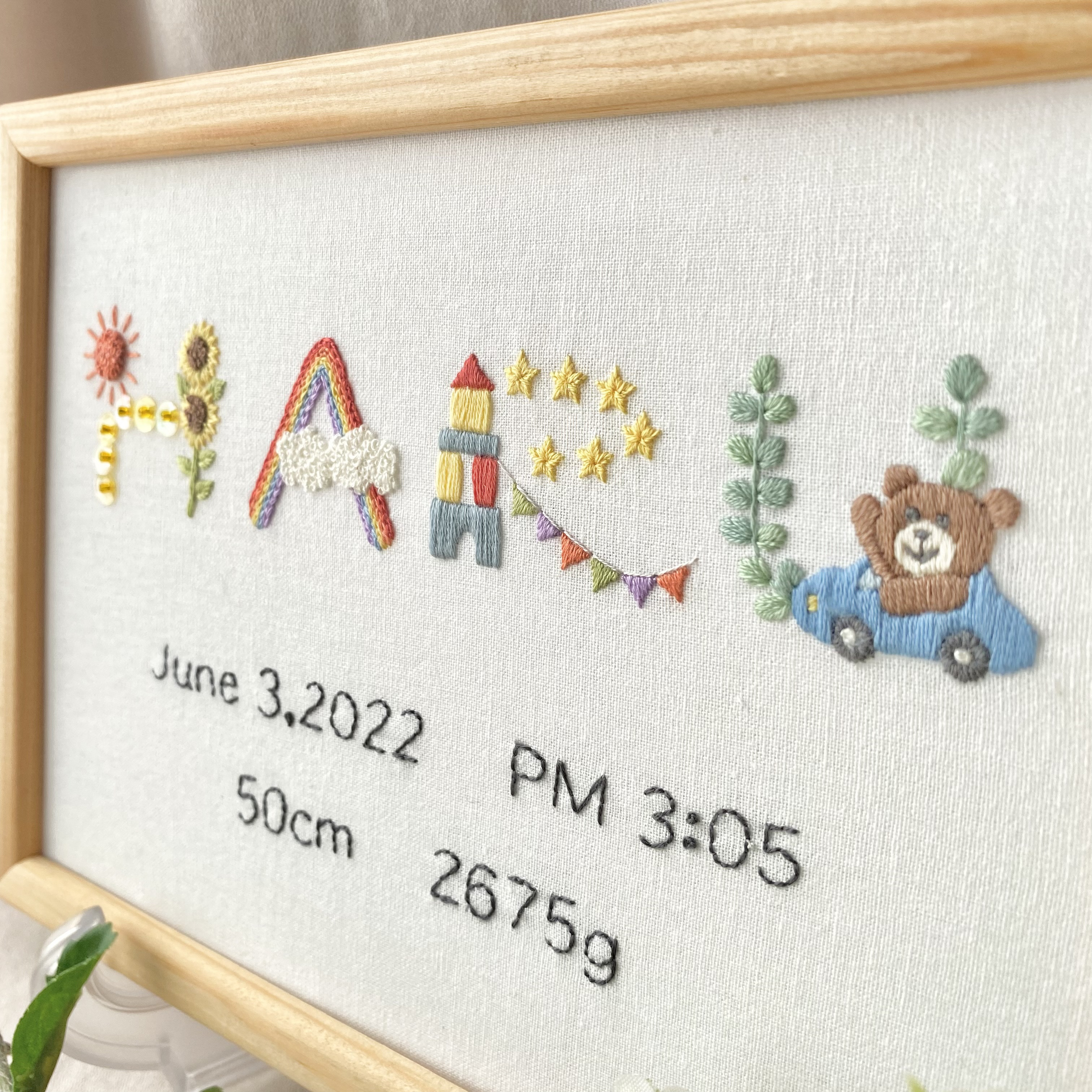 命名書　刺繍　A5サイズ　受注製作　ネームボード　ベビーボード　バースボード