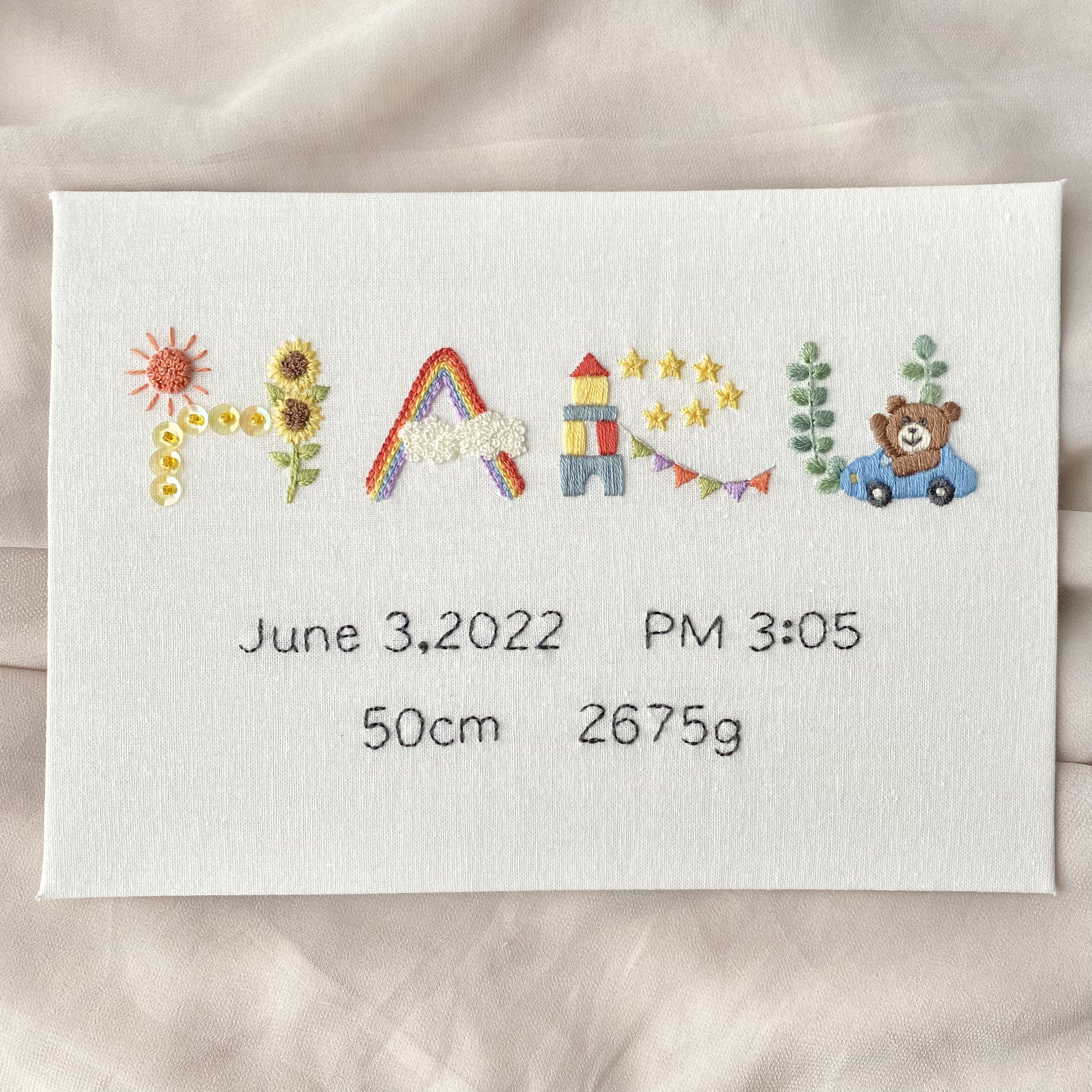 命名書　刺繍　A5サイズ　受注製作　ネームボード　ベビーボード　バースボード