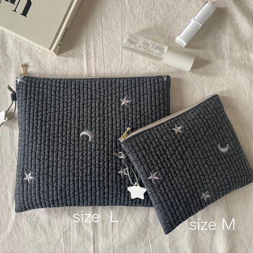 刺繍入りフラットポーチL】大きめ ポイポイ入れられるマルチポーチ