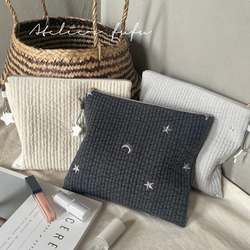 刺繍入りフラットポーチL】大きめ ポイポイ入れられるマルチポーチ