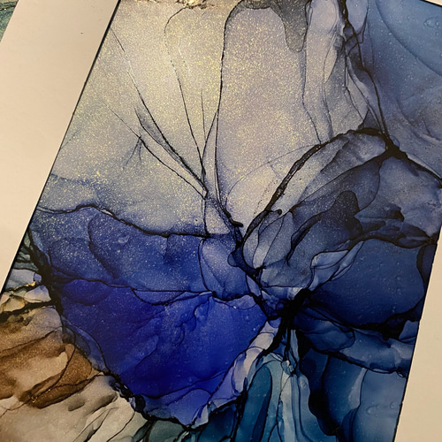 No.66 アルコールインクアート 原画 A4サイズ 絵 抽象 黒 緑 青 茶 蝶