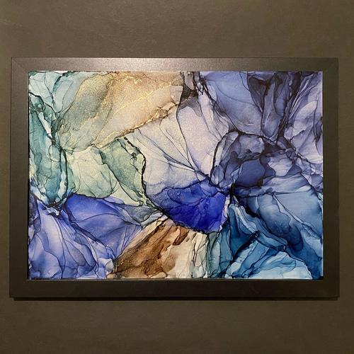 No.66 アルコールインクアート 原画 A4サイズ 絵 抽象 黒 緑 青 茶 蝶