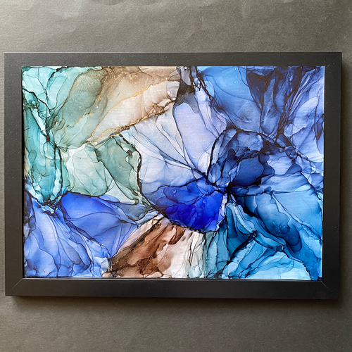 #121 抽象画 原画 A4 No.66 アルコールインクアート 原画 A4サイズ 絵 抽象 黒 緑 青 茶 蝶