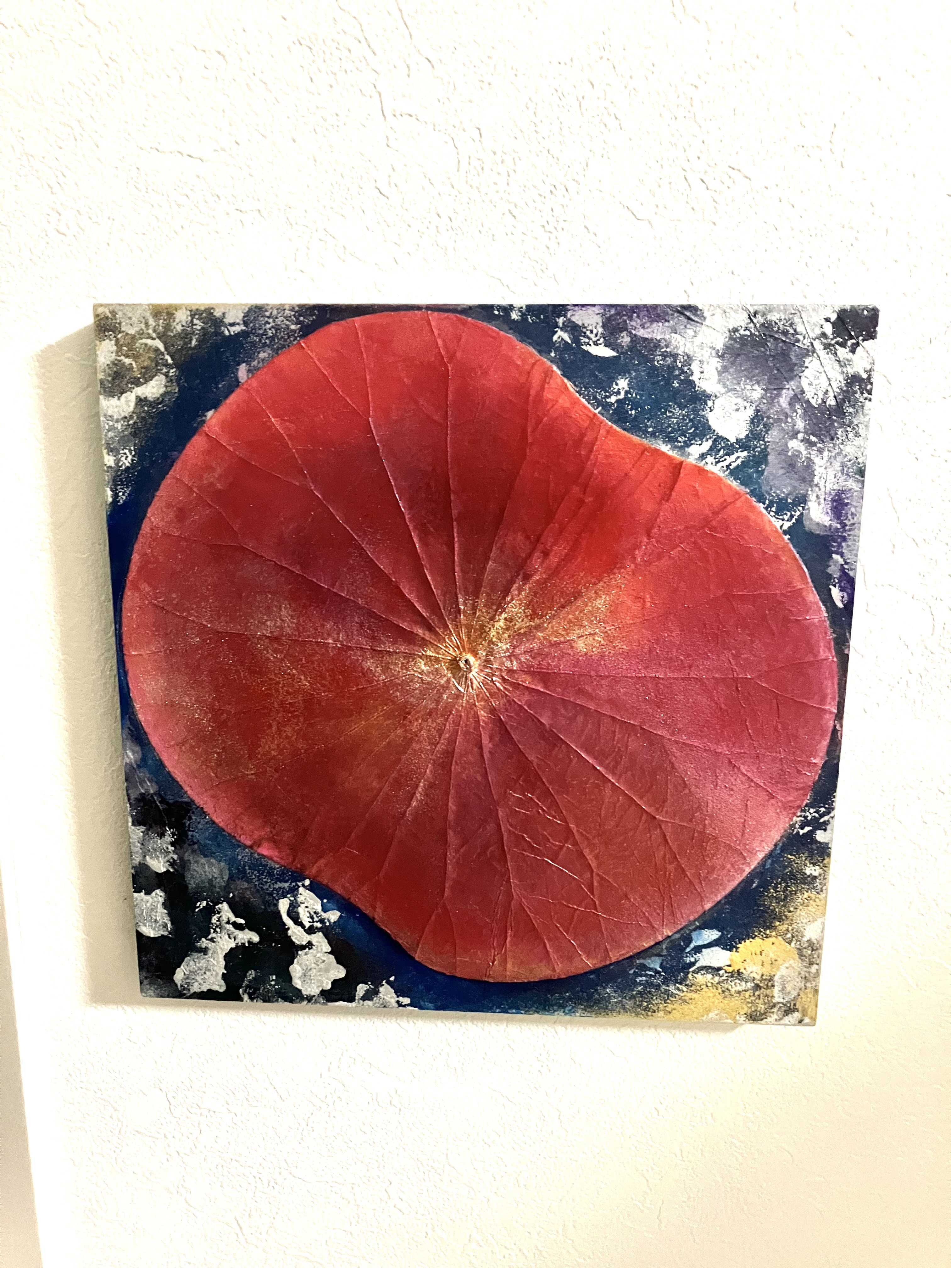 椿〜24センチ正方形木製パネル〜蓮の葉使用