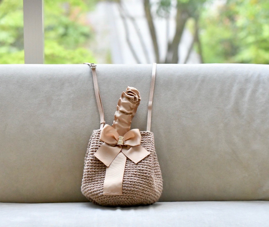 即日発送可！ギャザーリボンハンドルショルダー バッグ（Sサイズ・ベージュ受注制作）