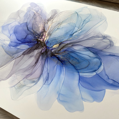 No.69 アルコールインクアート 原画 A4サイズ  青 / 絵 抽象 絵画 森