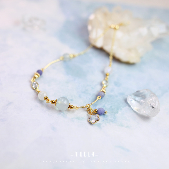 Molla 星月藍紫夜|月光石海藍寶坦桑石（手工訂製-可調式手鍊） 第3張的照片