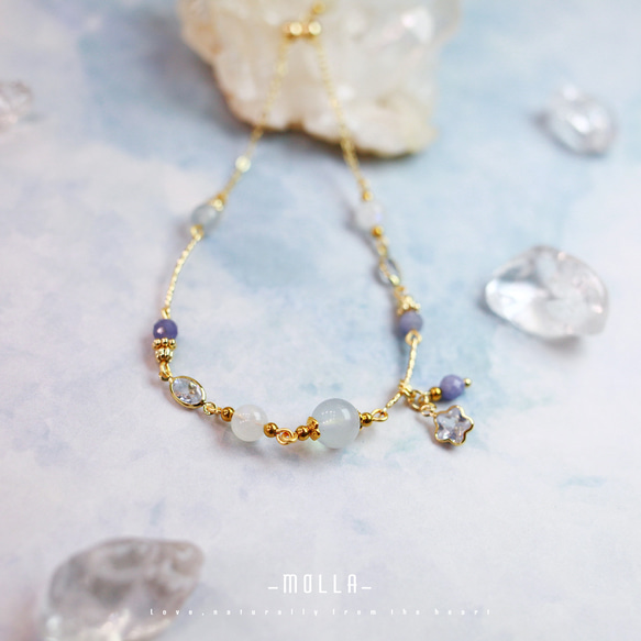 Molla 星月藍紫夜|月光石海藍寶坦桑石（手工訂製-可調式手鍊） 第4張的照片