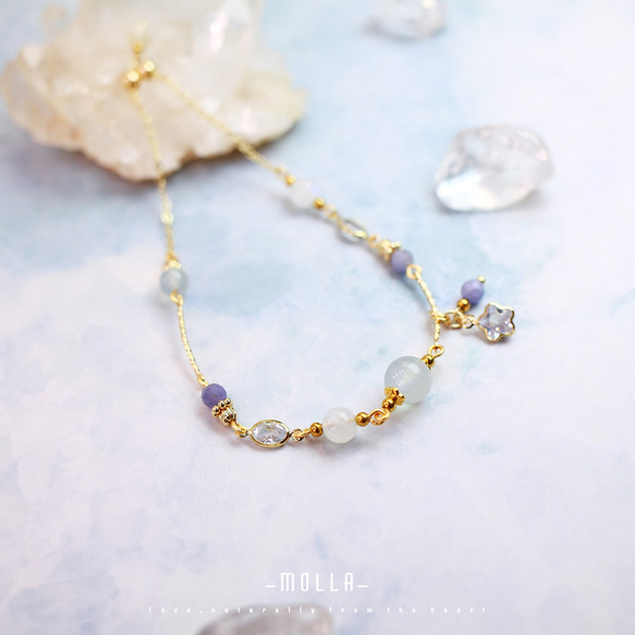 Molla 星月藍紫夜|月光石海藍寶坦桑石（手工訂製-可調式手鍊） 第5張的照片