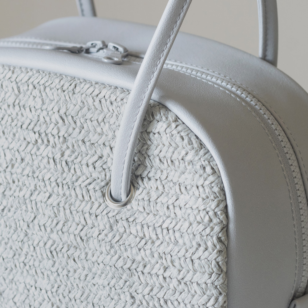 春夏かごバッグ｜ボウリングバッグ｜ヴィンテージ風編みｘPUレザー【ライトグレー】ロングハンドル｜肩掛け｜ファスナー付き