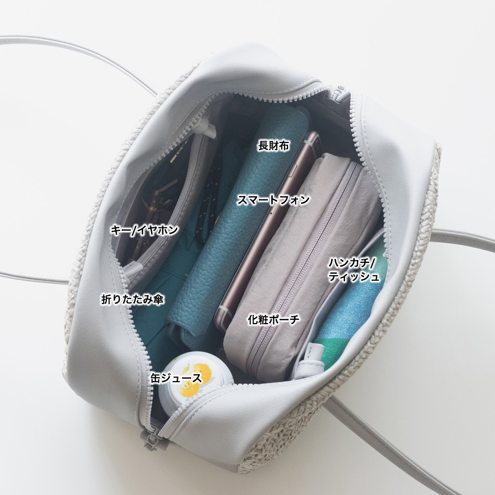 春夏かごバッグ｜ボウリングバッグ｜ヴィンテージ風編みｘPUレザー【ライトグレー】ロングハンドル｜肩掛け｜ファスナー付き