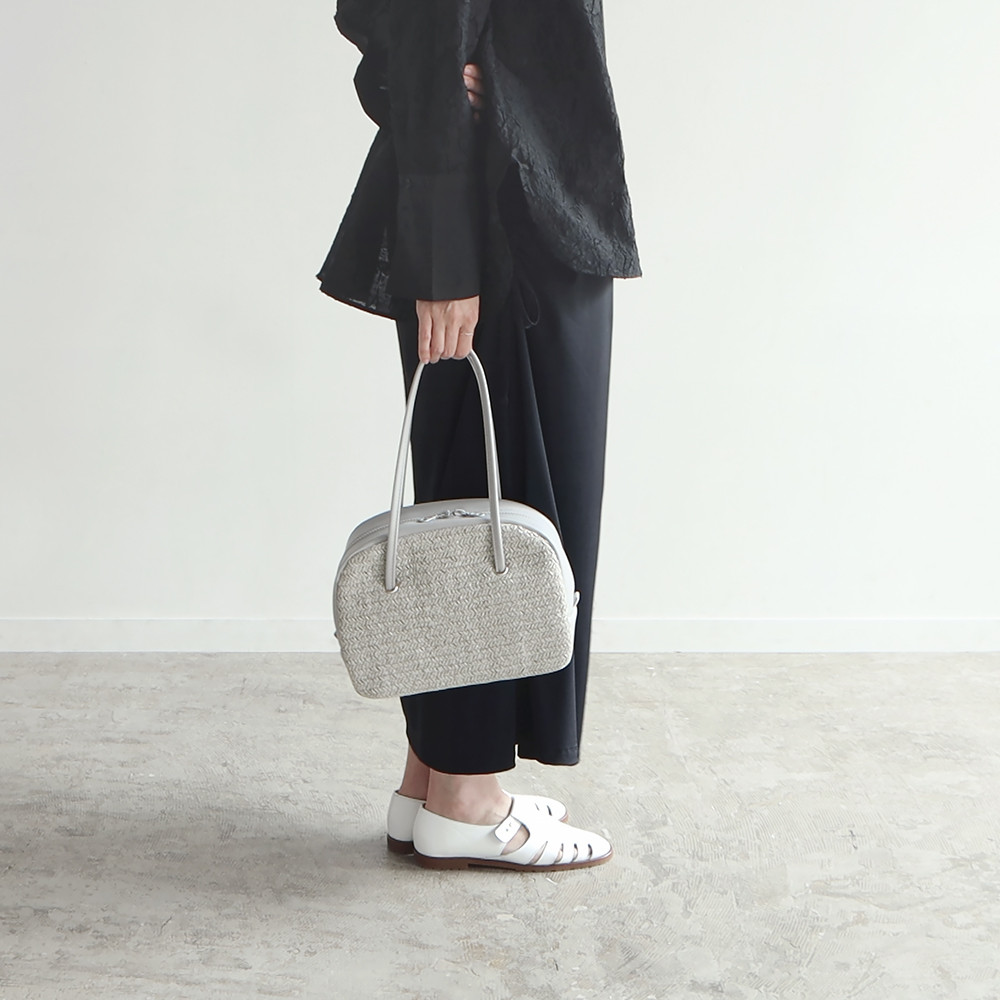 春夏かごバッグ｜ボウリングバッグ｜ヴィンテージ風編みｘPUレザー【ライトグレー】ロングハンドル｜肩掛け｜ファスナー付き