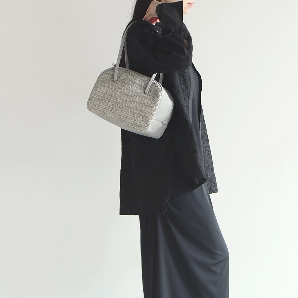 春夏かごバッグ｜ボウリングバッグ｜ヴィンテージ風編みｘPUレザー【ライトグレー】ロングハンドル｜肩掛け｜ファスナー付き