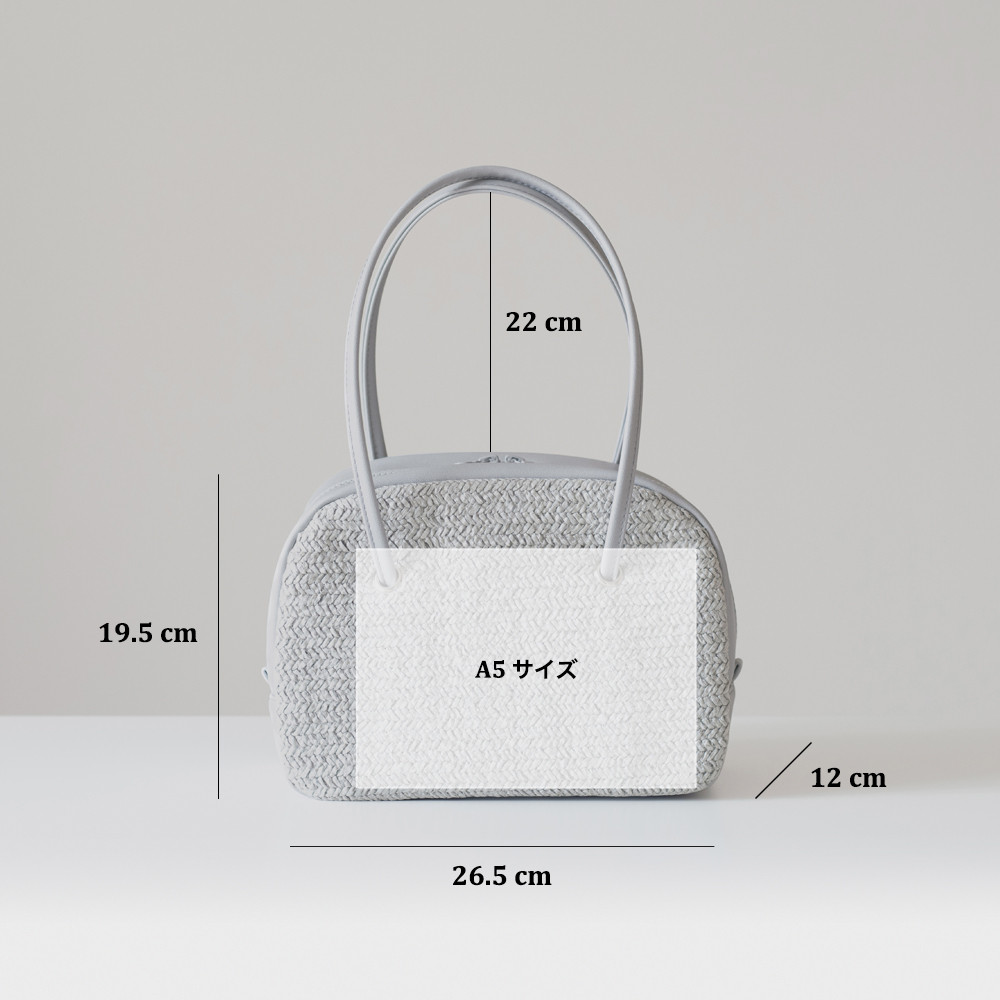 春夏かごバッグ｜ボウリングバッグ｜ヴィンテージ風編みｘPUレザー【ライトグレー】ロングハンドル｜肩掛け｜ファスナー付き