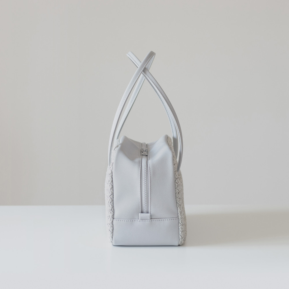 春夏かごバッグ｜ボウリングバッグ｜ヴィンテージ風編みｘPUレザー【ライトグレー】ロングハンドル｜肩掛け｜ファスナー付き