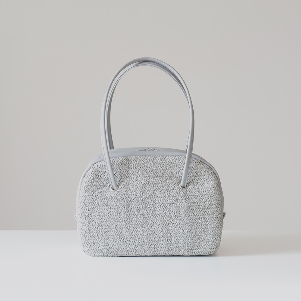 春夏かごバッグ｜ボウリングバッグ｜ヴィンテージ風編みｘPUレザー【ライトグレー】ロングハンドル｜肩掛け｜ファスナー付き