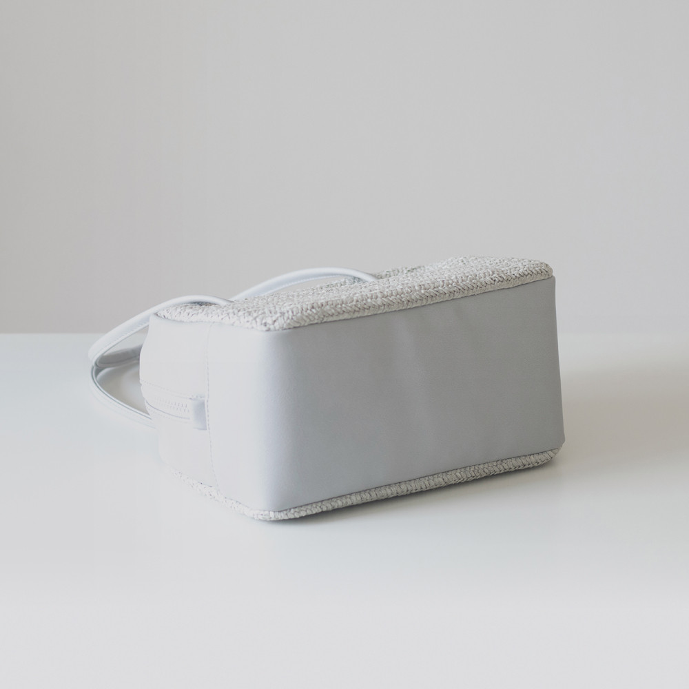 春夏かごバッグ｜ボウリングバッグ｜ヴィンテージ風編みｘPUレザー【ライトグレー】ロングハンドル｜肩掛け｜ファスナー付き