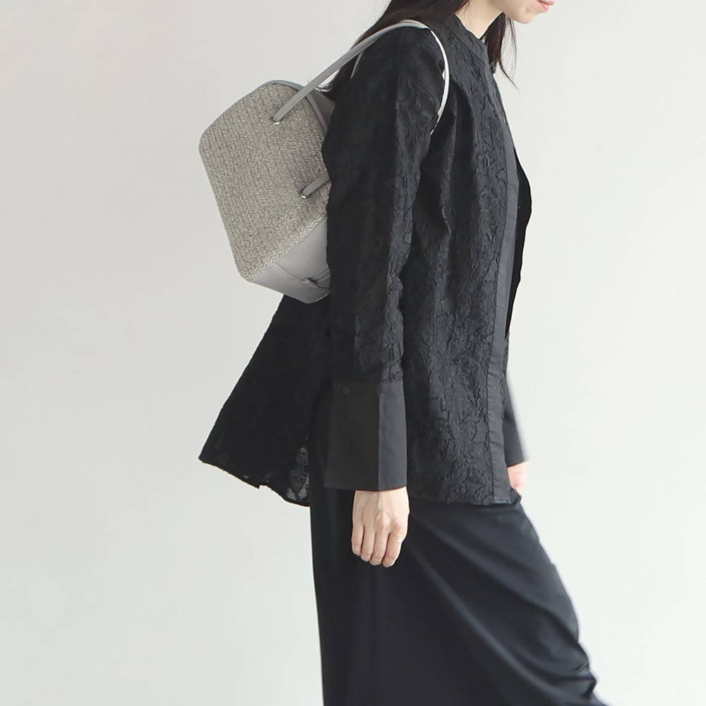 春夏かごバッグ｜ボウリングバッグ｜ヴィンテージ風編みｘPUレザー【ライトグレー】ロングハンドル｜肩掛け｜ファスナー付き