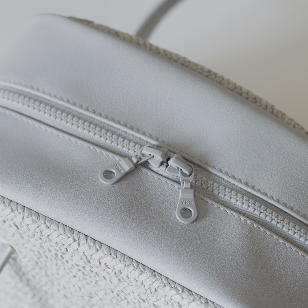 春夏かごバッグ｜ボウリングバッグ｜ヴィンテージ風編みｘPUレザー【ライトグレー】ロングハンドル｜肩掛け｜ファスナー付き