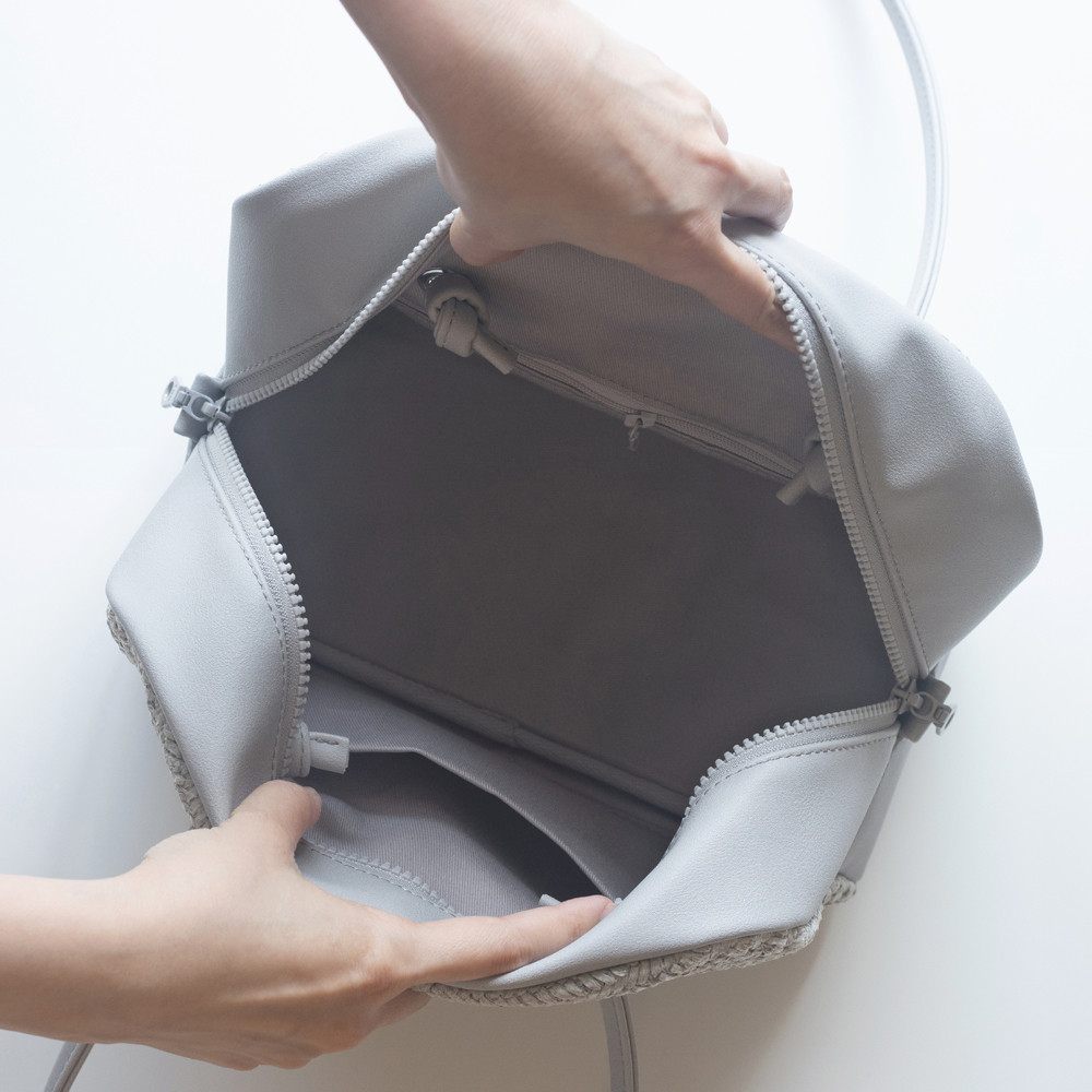 春夏かごバッグ｜ボウリングバッグ｜ヴィンテージ風編みｘPUレザー【ライトグレー】ロングハンドル｜肩掛け｜ファスナー付き