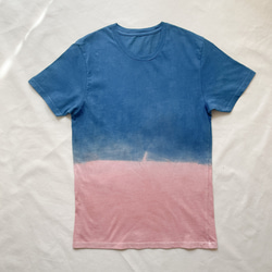 送料無料ナチュラルな "Tropical Time" 優しいピンクとブルーに藍染と泥染したオーガニックコットンTシャツ 1枚目の画像