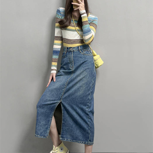 【セット】デニムスカート&ニットトップス エレガントニットトップス＋デニムスカート＋ベルト – Belchic