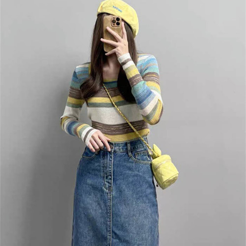 【セット】デニムスカート&ニットトップス セットアップ デニムロングスカート 2点セット ニットトップス