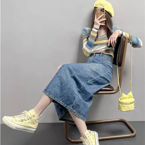 セットアップ デニムロングスカート 2点セット ニットトップス