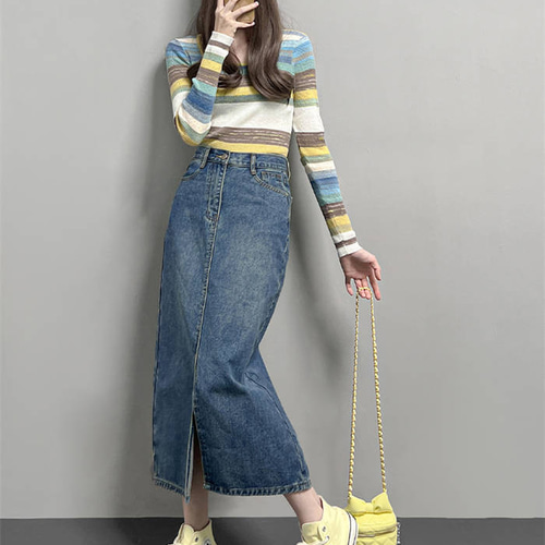 デニムコンビ セットアップ スカート 長袖 スカート セットアップ デニムロングスカート 2点セット ニットトップス