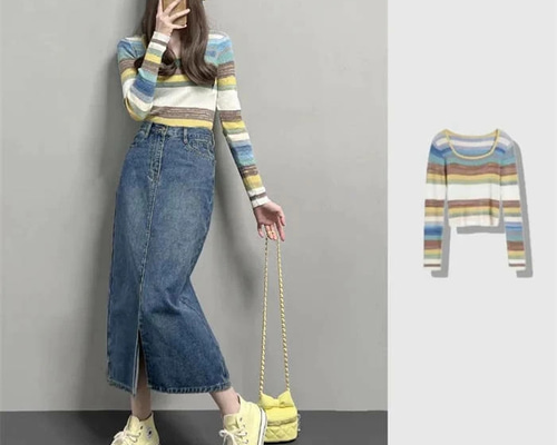 セットアップ デニムロングスカート 2点セット ニットトップス