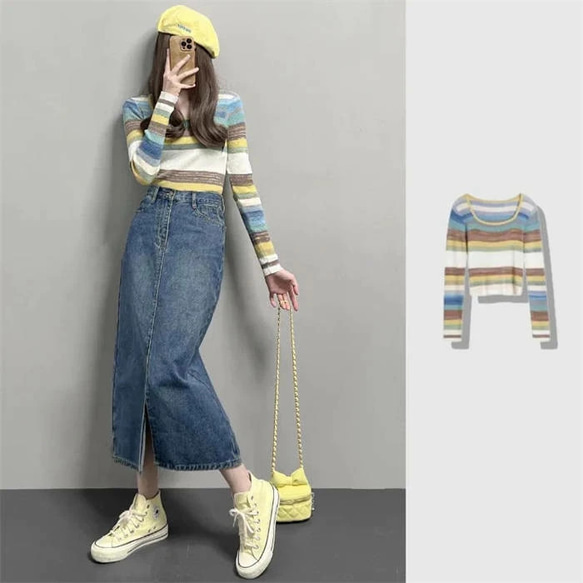 セットアップ デニムロングスカート 2点セット ニットトップス