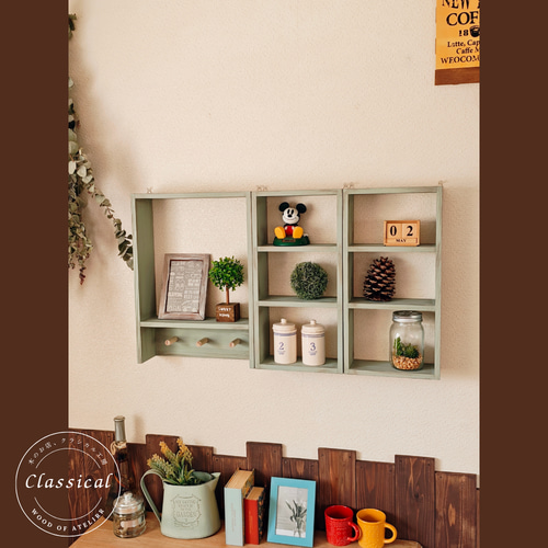 週末出品限定♡フランス アンティーク キッチンシェルフ 送料無料】並べ方自由 3点セット アンティーク加工 シェルフ モス