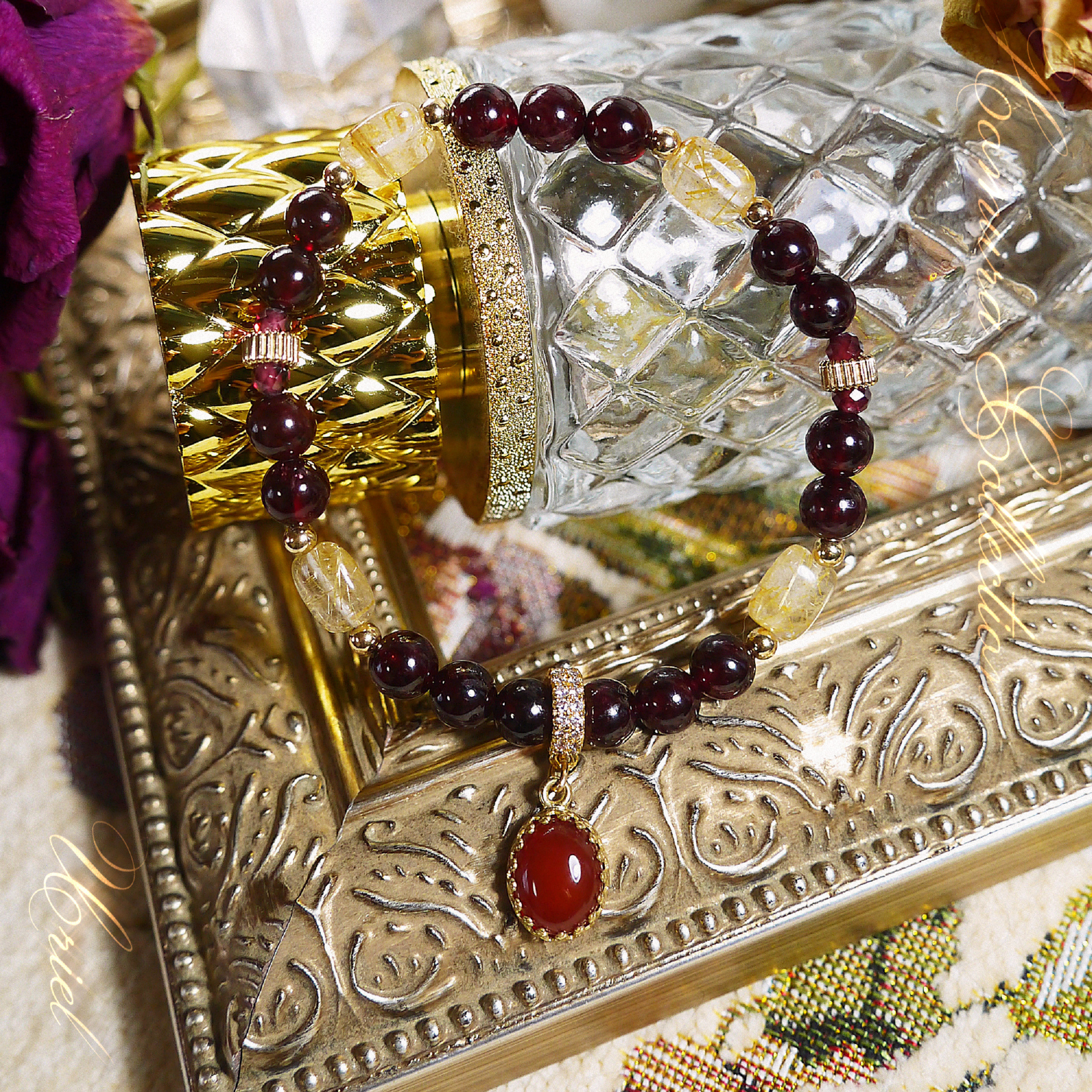 14kgf ガーネット レッドアゲート ルチルクォーツ 天然石 ブレスレット cz キュービックジルコニア カボション