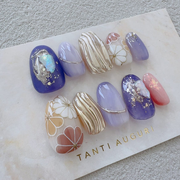 成人式 ネイルチップ 紫 ピンク 振袖 和風 着物 和装 和柄 パープル 花模様 派手 ギャル カラフル 付け爪 和服 2枚目の画像